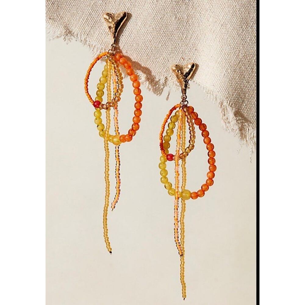 Free People Drop Earrings Beaded Dangle‎ Orange Cream Gold Heart Coastal Beachy